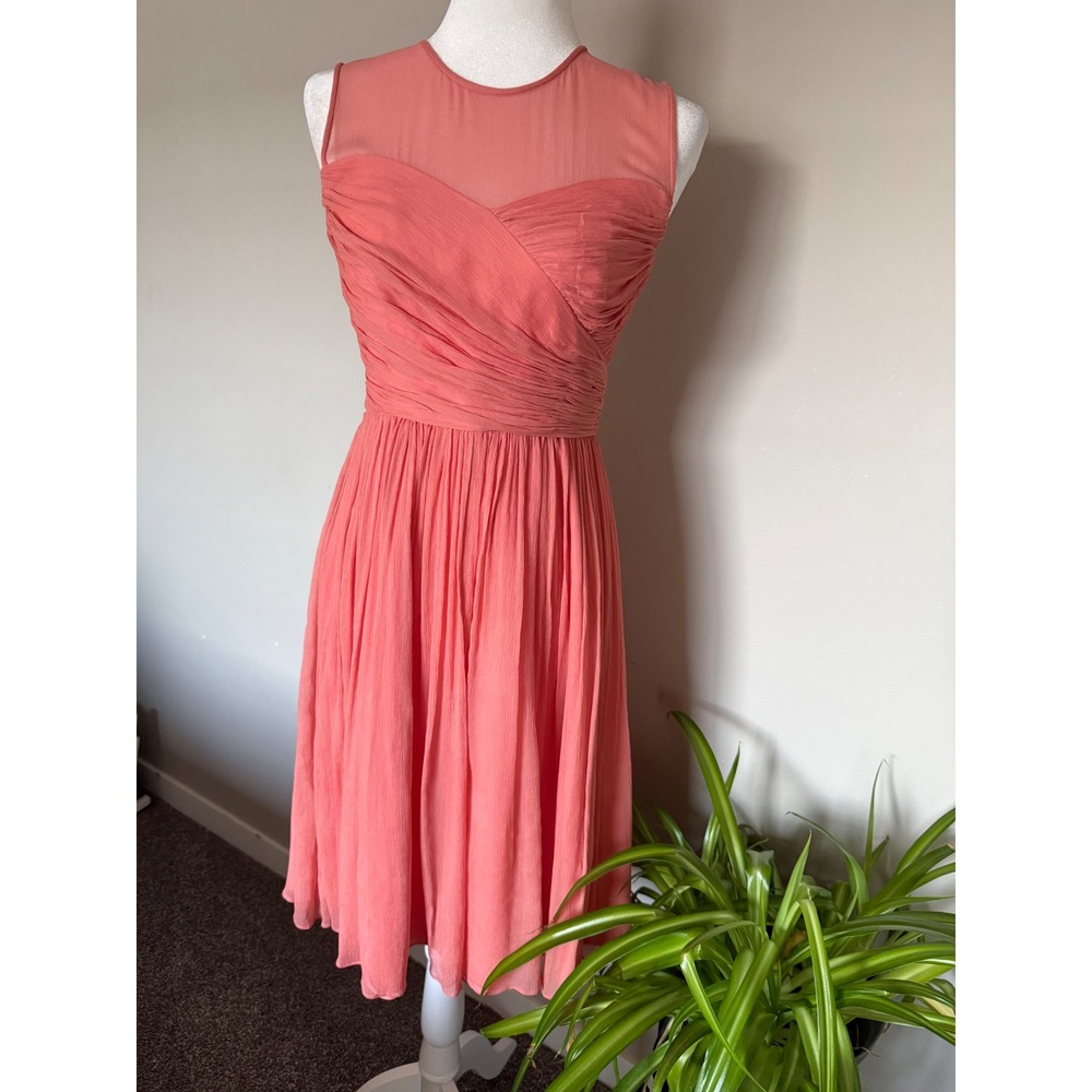 J.Crew Silk Dress Coral Bridal Wedding guest Ruched Illusion Coquette Hoco 6